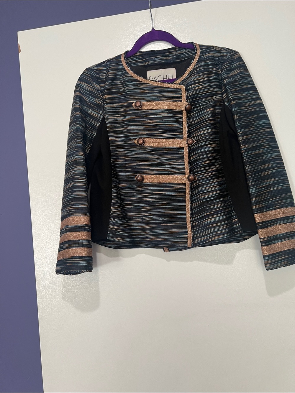 RACHEL Rachel Roy Multicolor Striped Military-Style Blazer with Bronze Trim